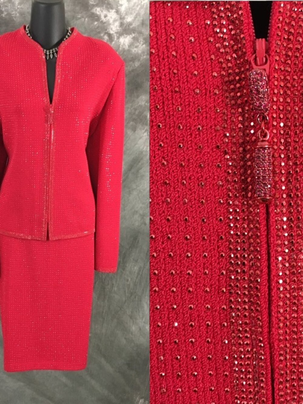 BEAUTIFUL st john evening knit red rhinestones embellished skirt suit 12 14